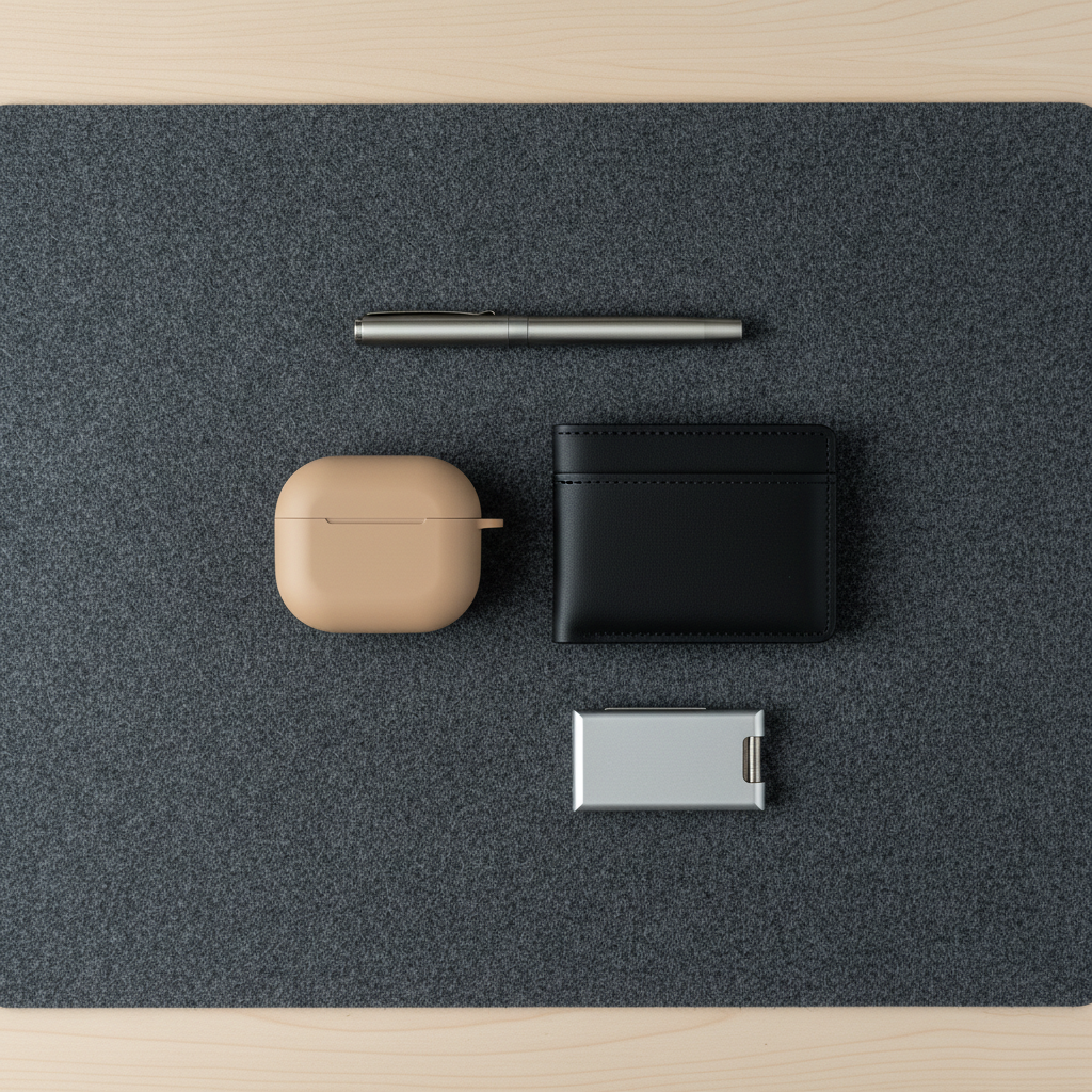 A close-up of a perfectly organized “everyday carry” layout on a charcoal felt desk mat: a slim titanium pen, a matte black minimalist wallet with one precise stitched edge, a compact sand-colored wireless earbud case with subtle chamfer, and a small brushed aluminum key organizer. Each item is aligned to invisible grids, leaving generous breathing room between them. The surface beneath is a pale ash wood desk, barely visible at the edges of the frame. Cool, indirect daylight from above creates soft, controlled reflections on metal and plastic, with barely-there shadows. Captured from a true top-down, bird’s-eye perspective with photographic realism, the image feels analytical yet warm, highlighting the structure, materials, and considered selection of refined, functional tools.