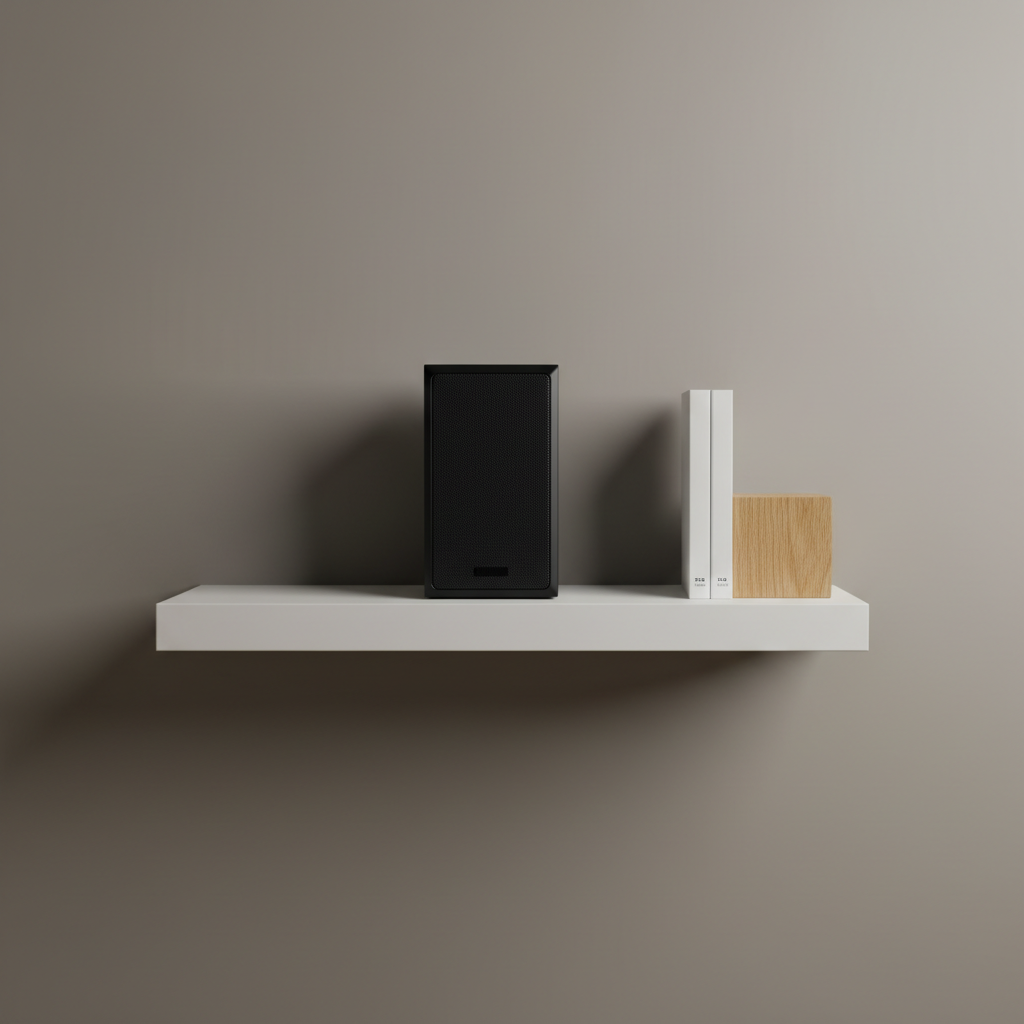 A single, monolithic matte-black Bluetooth speaker with crisp beveled edges and a seamless grille, placed on a floating white shelf against a warm gray wall. A solitary, small oak block bookend supports two thin, unmarked white books, all spaced with precise intention. The shelf appears to hover, with no visible brackets, enhancing the sense of weightless order. Soft, directional evening light washes from the right, creating a subtle gradient on the wall and a disciplined shadow beneath the shelf. Photographed from a straight-on, eye-level angle in photographic realism, with sharp focus and ample negative space above and below, the scene exudes calm authority, celebrating the intersection of audio technology, minimal interior styling, and considered absence.