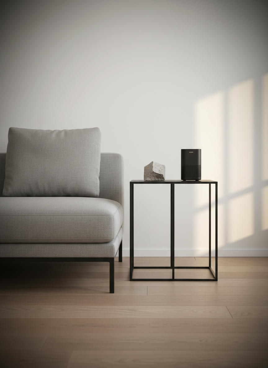 A tightly framed vignette of a minimalist living corner: a single low, stone-gray fabric lounge chair with clean, architectural lines, beside a narrow black steel side table with a thin top. On the table rests a small, geometric concrete objet and a compact matte-black wireless speaker with finely perforated grille, both aligned parallel to the table edge. The floor is light oak with subtle grain, leading to a crisp white wall. Golden hour light enters from an unseen window, grazing the fabric and steel to reveal textures, while the background falls into a gentle bokeh. Shot at eye level in photographic realism, the composition leans toward asymmetrical balance, conveying serene sophistication, quiet audio enjoyment, and a deliberate curation of few but meaningful objects.